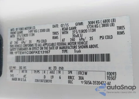 2015 Ford F-150 Lariat из США, поврежденный, VIN 1FTEW1CG6FKE13167